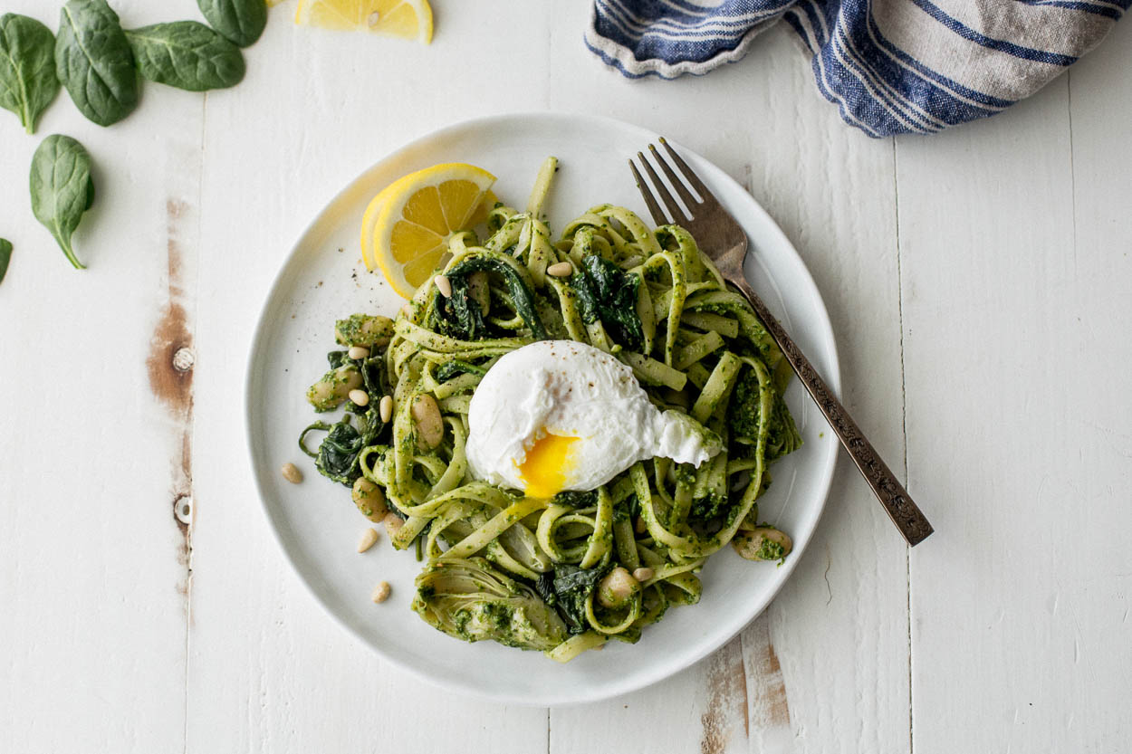 Pesto Fettuccine with Poached Egg Cook Smarts