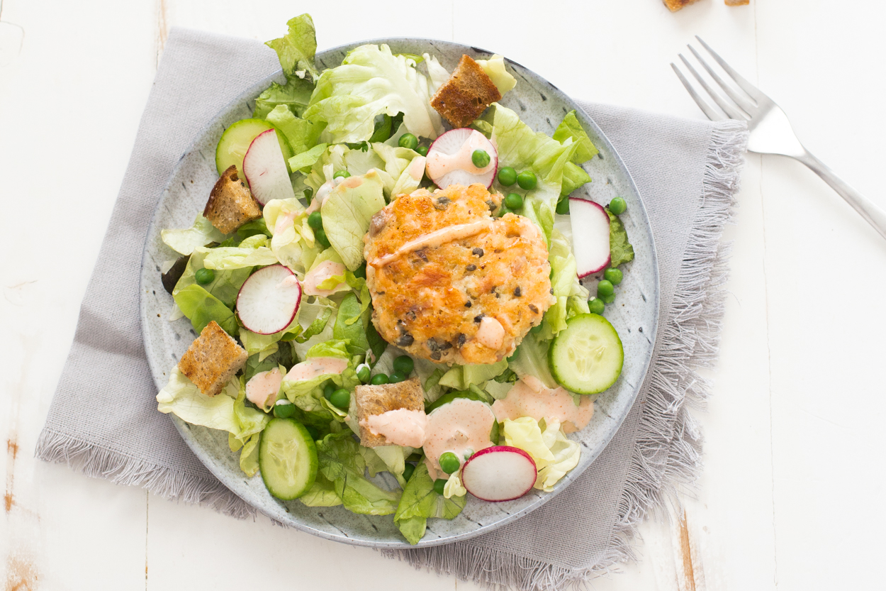 Salmon Cakes over Spring Salad Cook Smarts